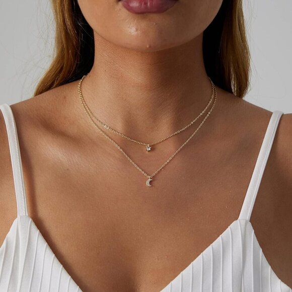 Layered Gold Necklace for Women 14K Plated Moon Pendant Cubic Zirconia Jewelry - Picture 5 of 7